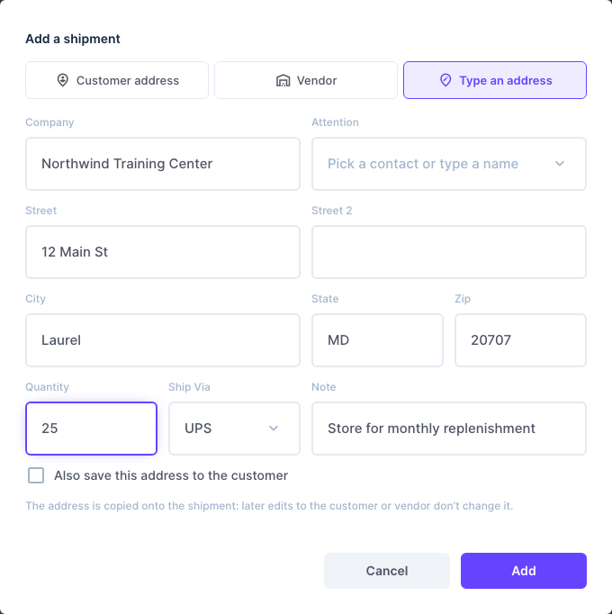 Adding a shipment to a typed address