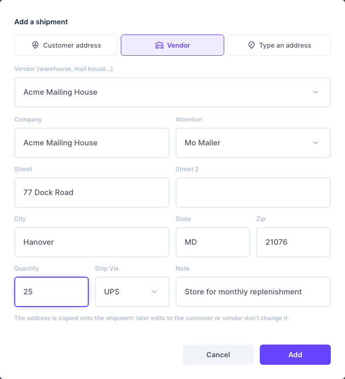 Adding a shipment to a vendor