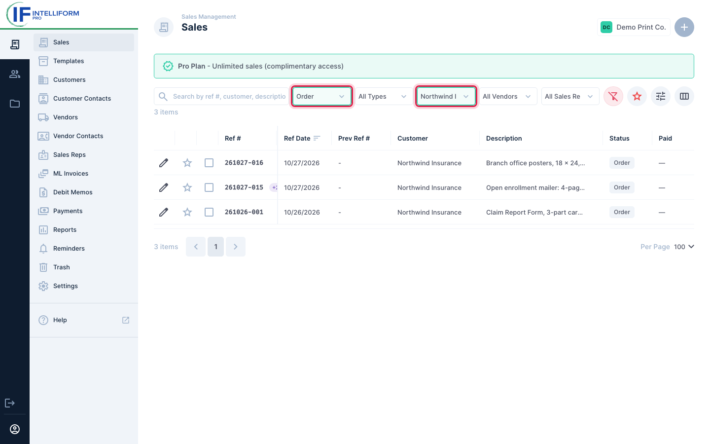 Status Order and customer Northwind Insurance together