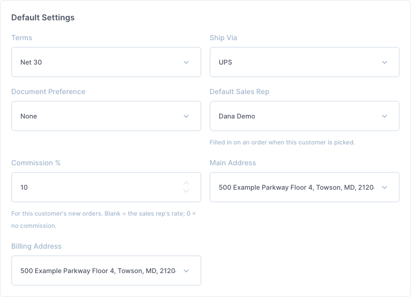 Default Settings: terms, ship via, document preference, sales rep, commission, main and billing address