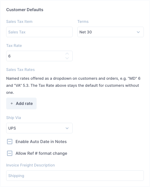 Settings, Defaults, Customer Defaults