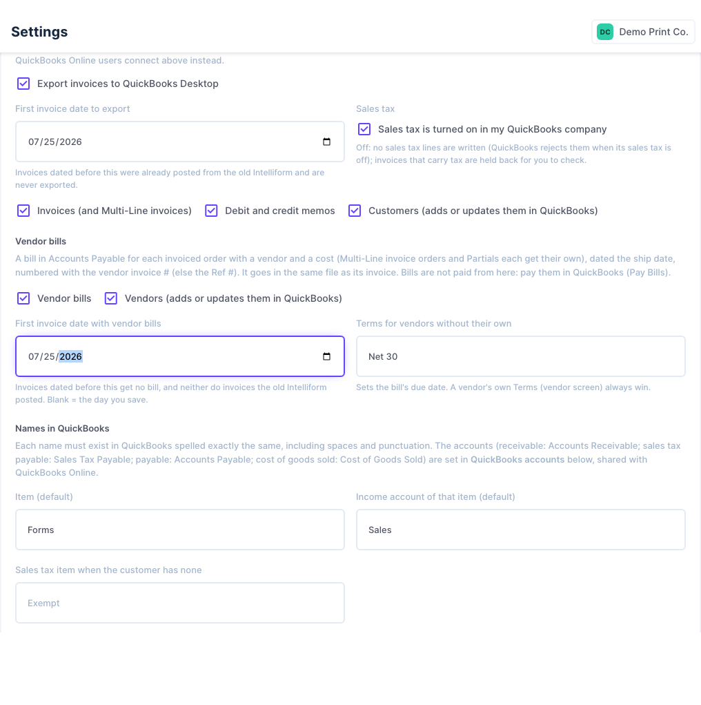 QuickBooks Desktop export settings with vendor bills