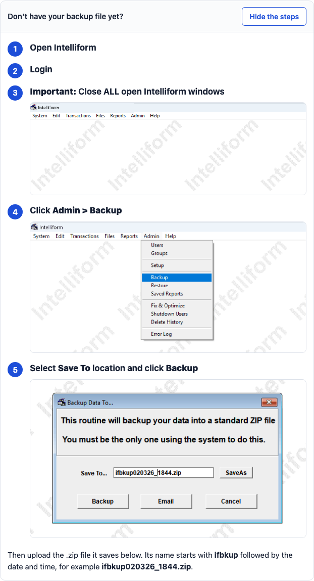 The backup steps on the upload page