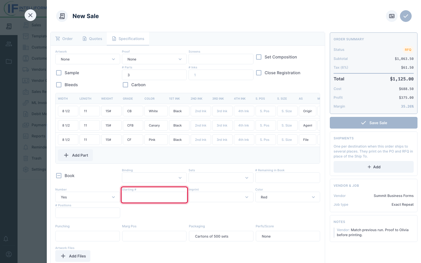 The copied specifications with the Starting # blank
