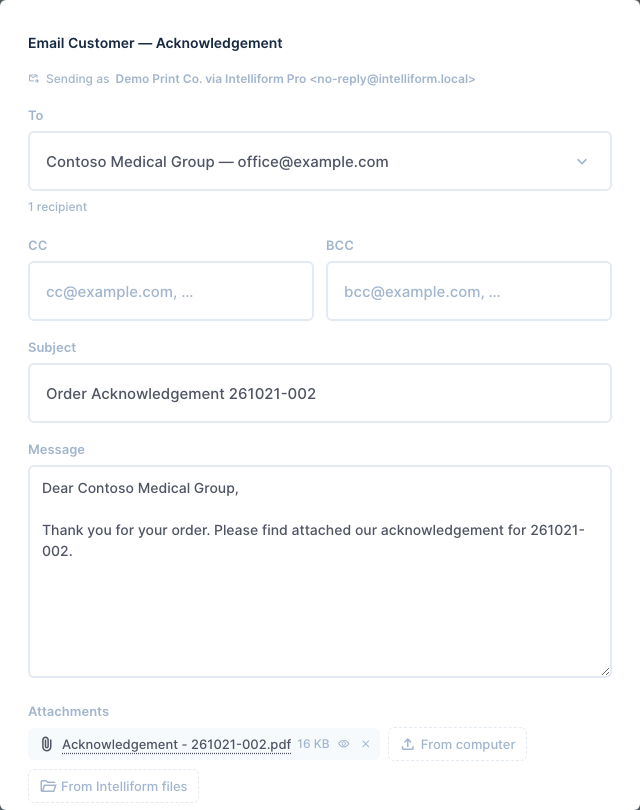 Emailing an acknowledgement to the customer