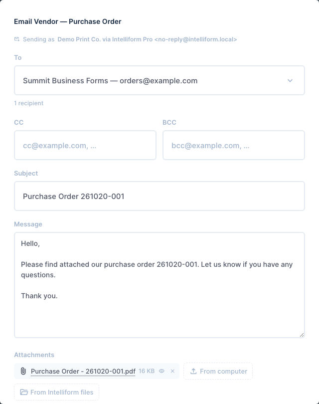 Emailing a purchase order to the vendor