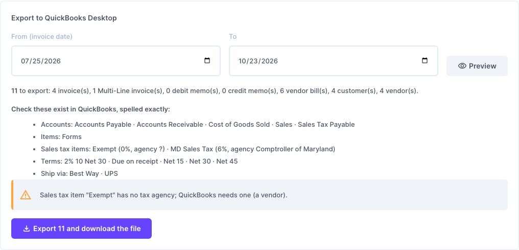 The export preview: 11 records and the names to check in QuickBooks