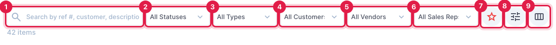 The search box, filters and buttons above the Sales list