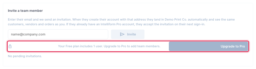Team Members on the Free plan: "Your Free plan includes 1 user"