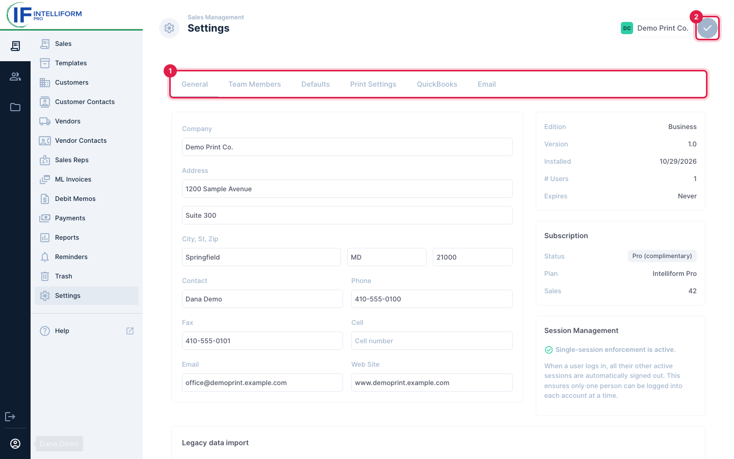 Settings, General tab: the tabs and the Save button