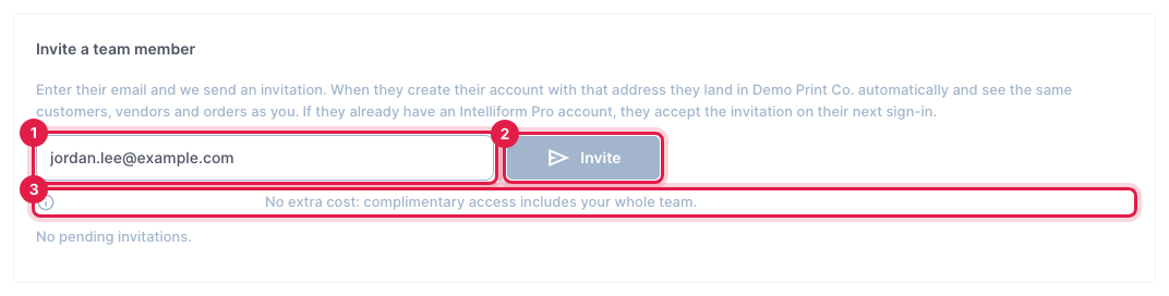 Invite a team member: the email box, the Invite button and the cost line