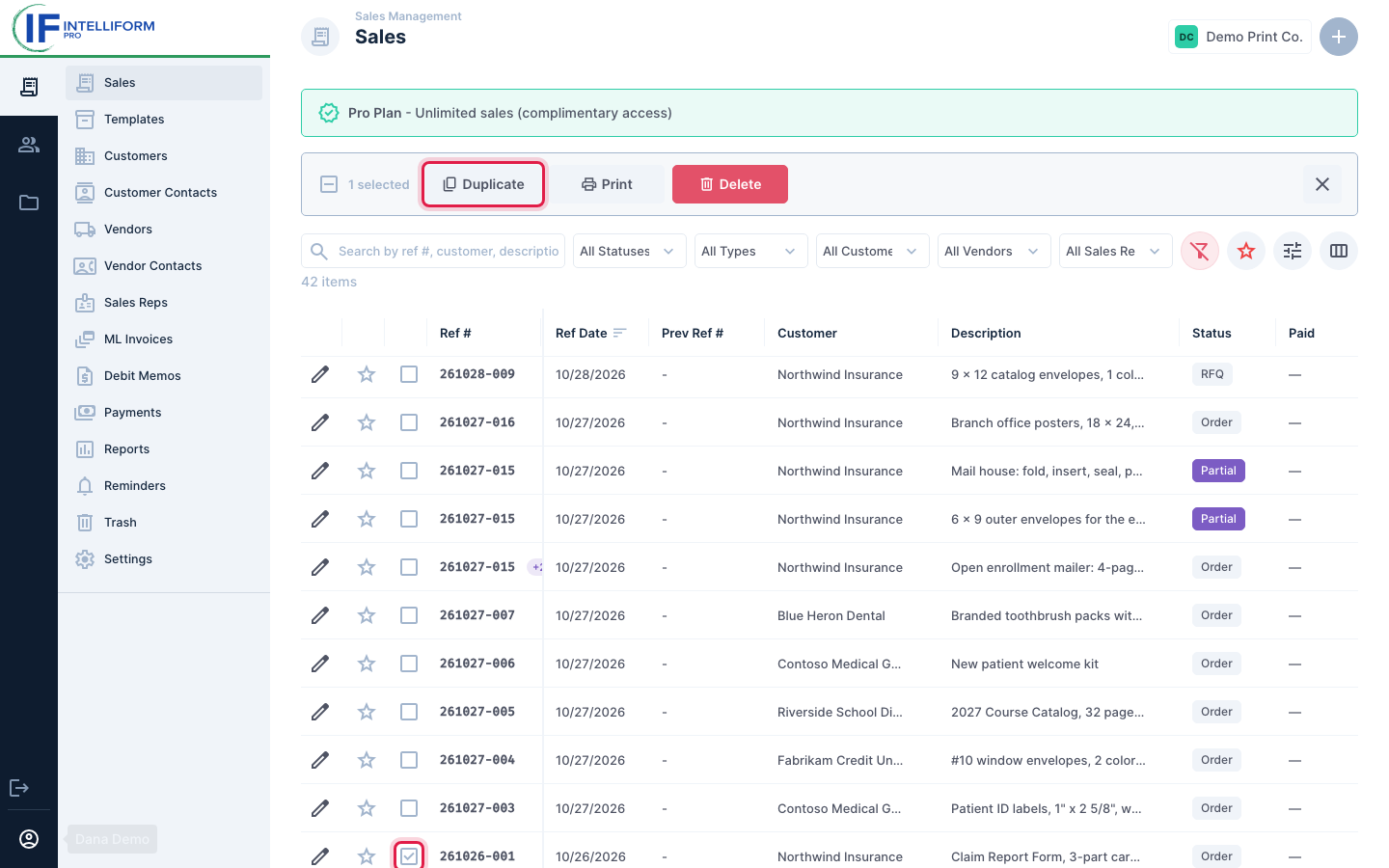 Duplicate for a ticked row in the Sales list