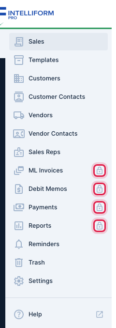 The menu on the Free plan: ML Invoices, Debit Memos, Payments and Reports locked