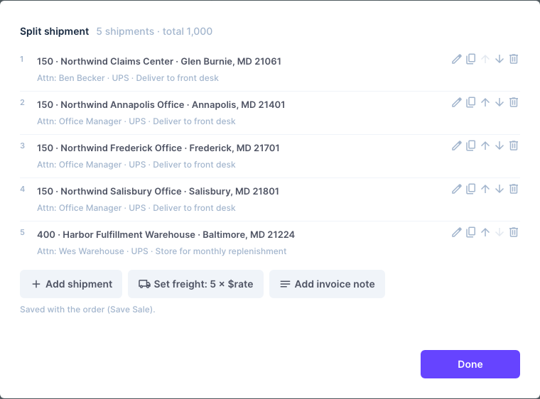 The shipments list