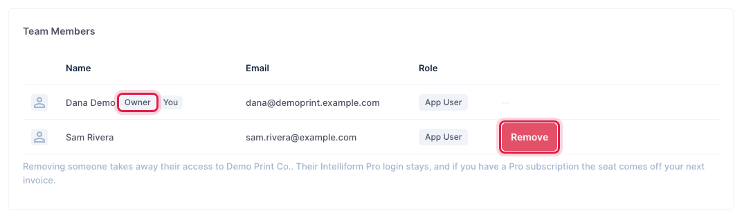 Settings, Team Members: the owner and a second member with its Remove button