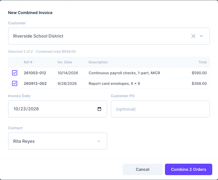 New Combined Invoice with two orders ticked