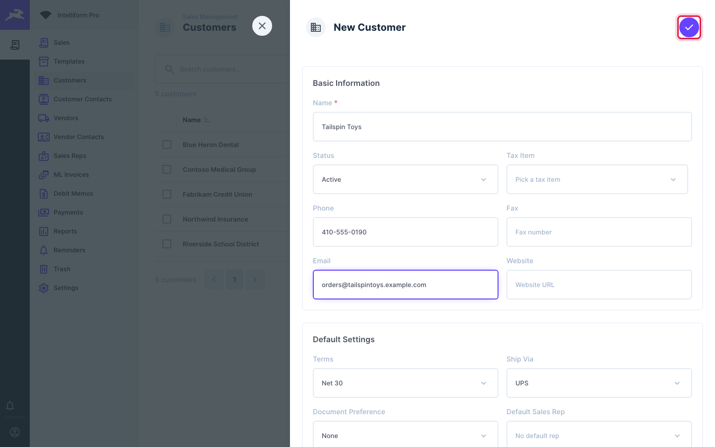 A new customer with its details filled in, and the save button