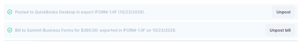 An invoice and its vendor bill, posted in export IFORM-1.IIF