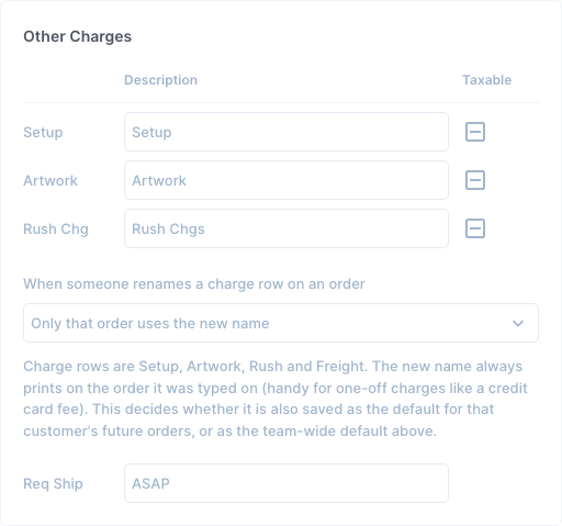 Settings, Defaults, Other Charges