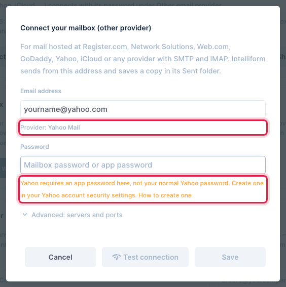 Connect your mailbox (other provider): a Yahoo address and its app password note