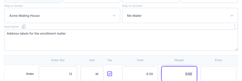 The Partial's ship-to vendor, description and cost