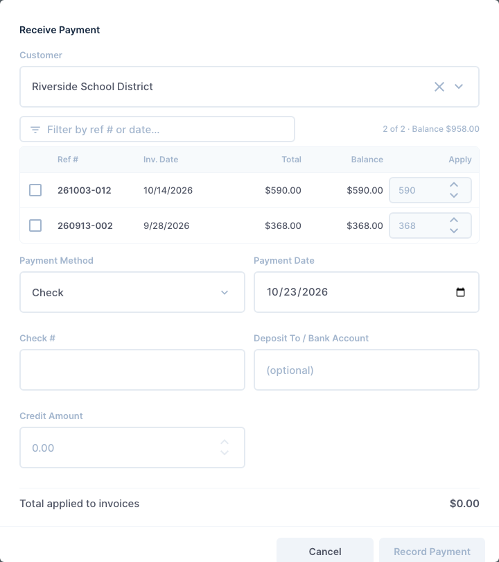 A payment applied across two invoices