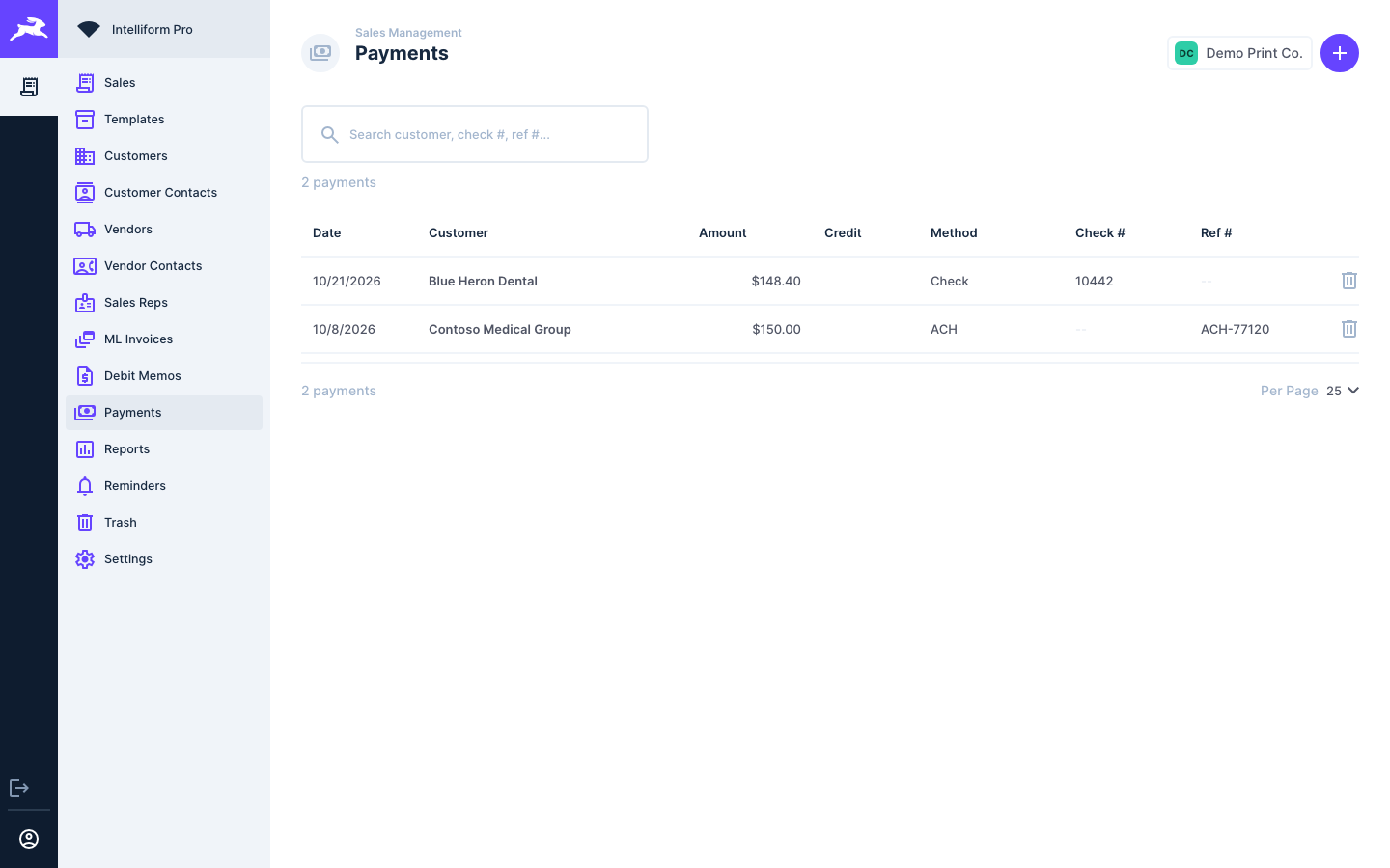 The Payments list