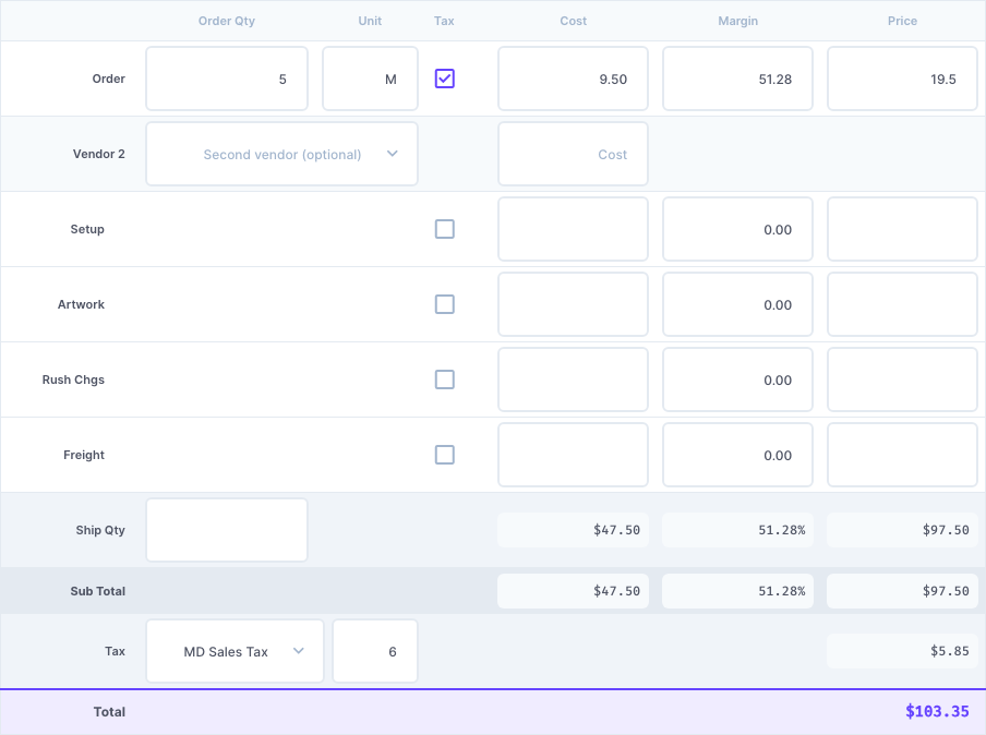 The pricing table with quantity, cost, margin and price