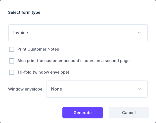 The invoice print options