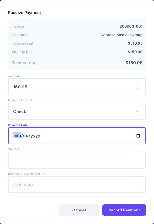 The Receive Payment window for a part-paid invoice