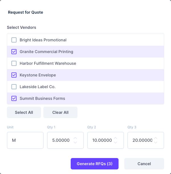 The Request for Quote window