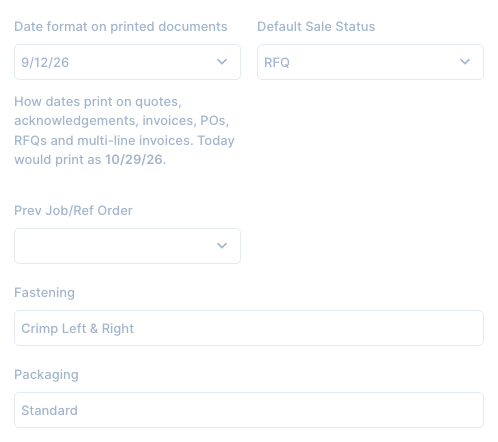 Settings, Defaults, Sales Defaults: date format, default status, fastening and packaging