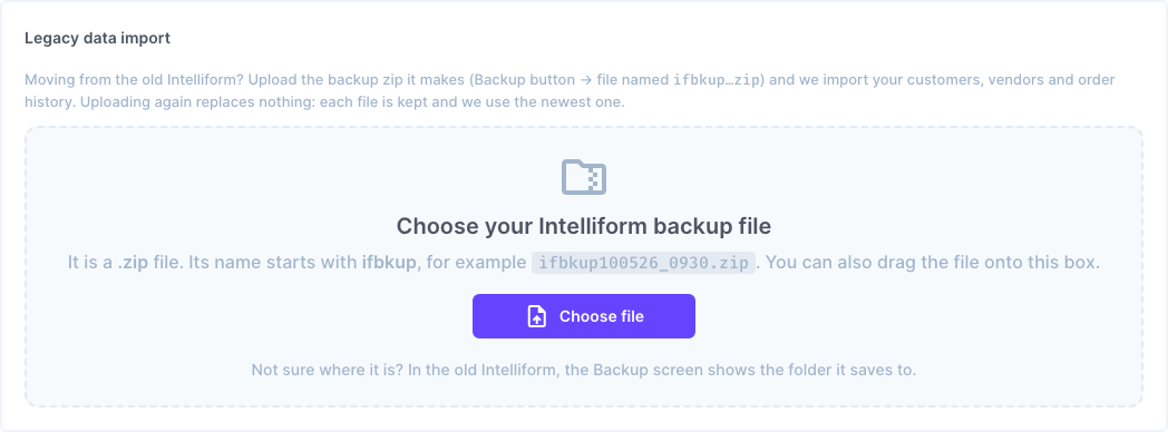 Legacy data import in Settings