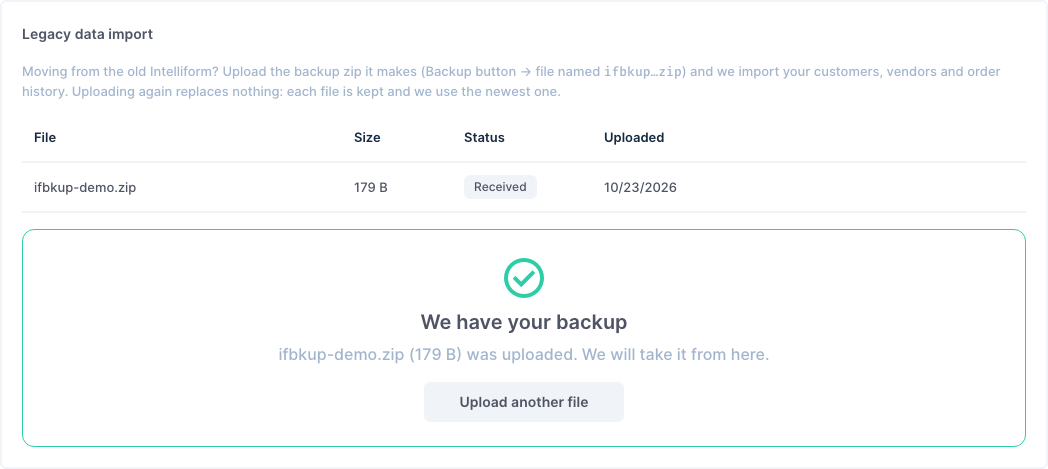 The uploaded backup, received