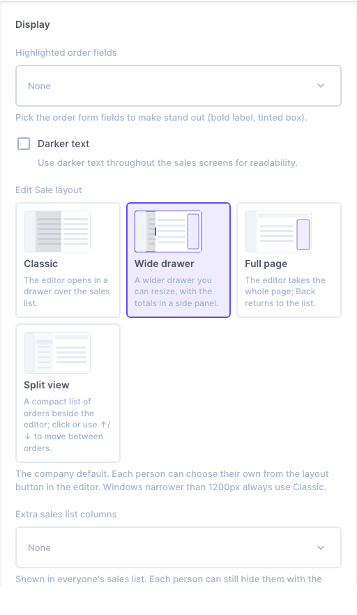Settings, Defaults, Display: the Edit Sale layout choices