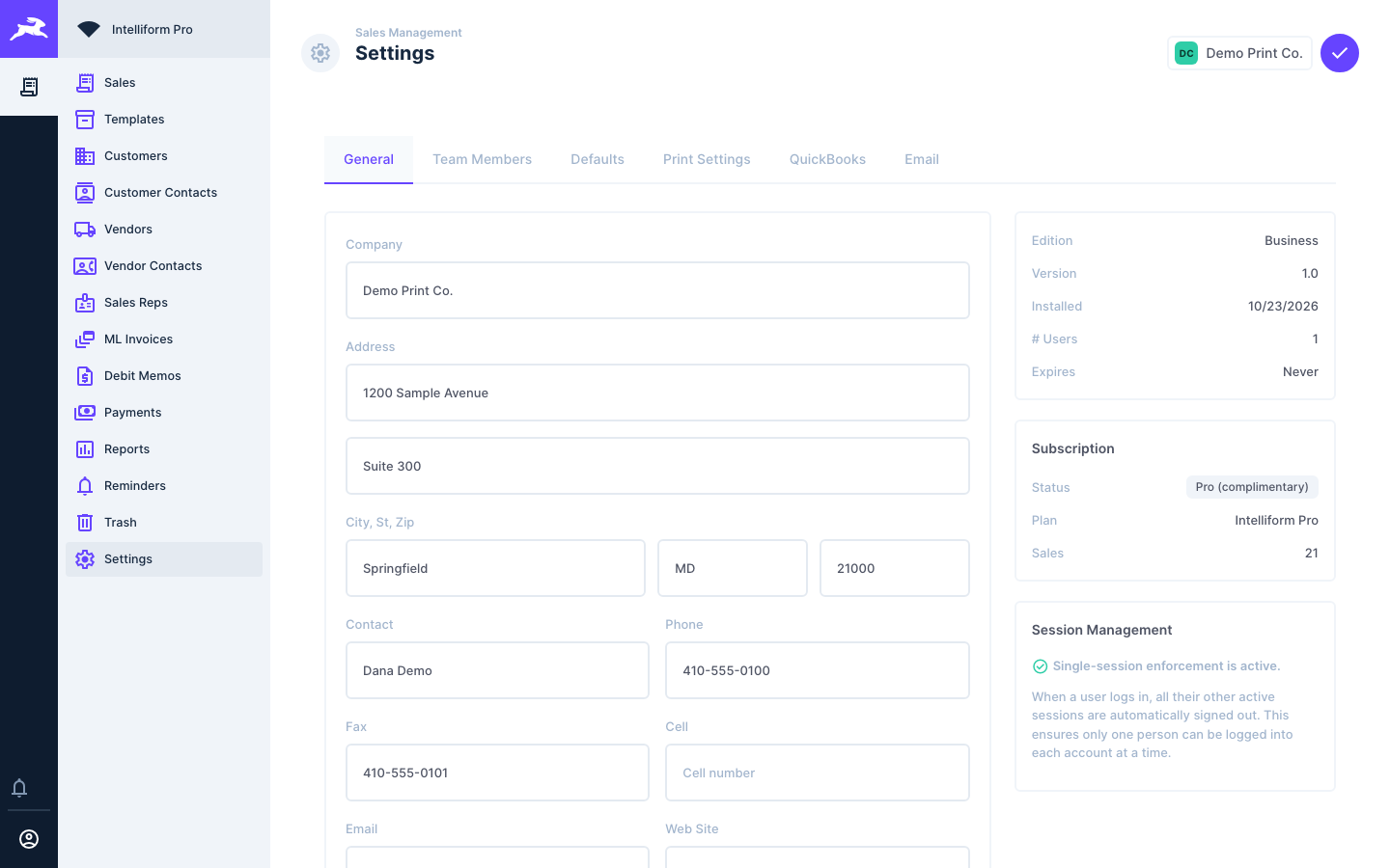 Settings, General tab with the company details