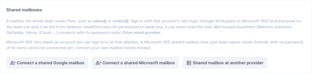 Shared mailboxes: connect one the whole team sends from