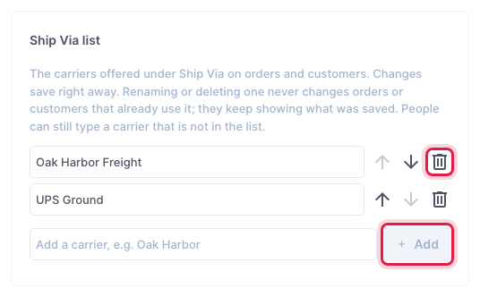 Settings, Defaults, Ship Via list