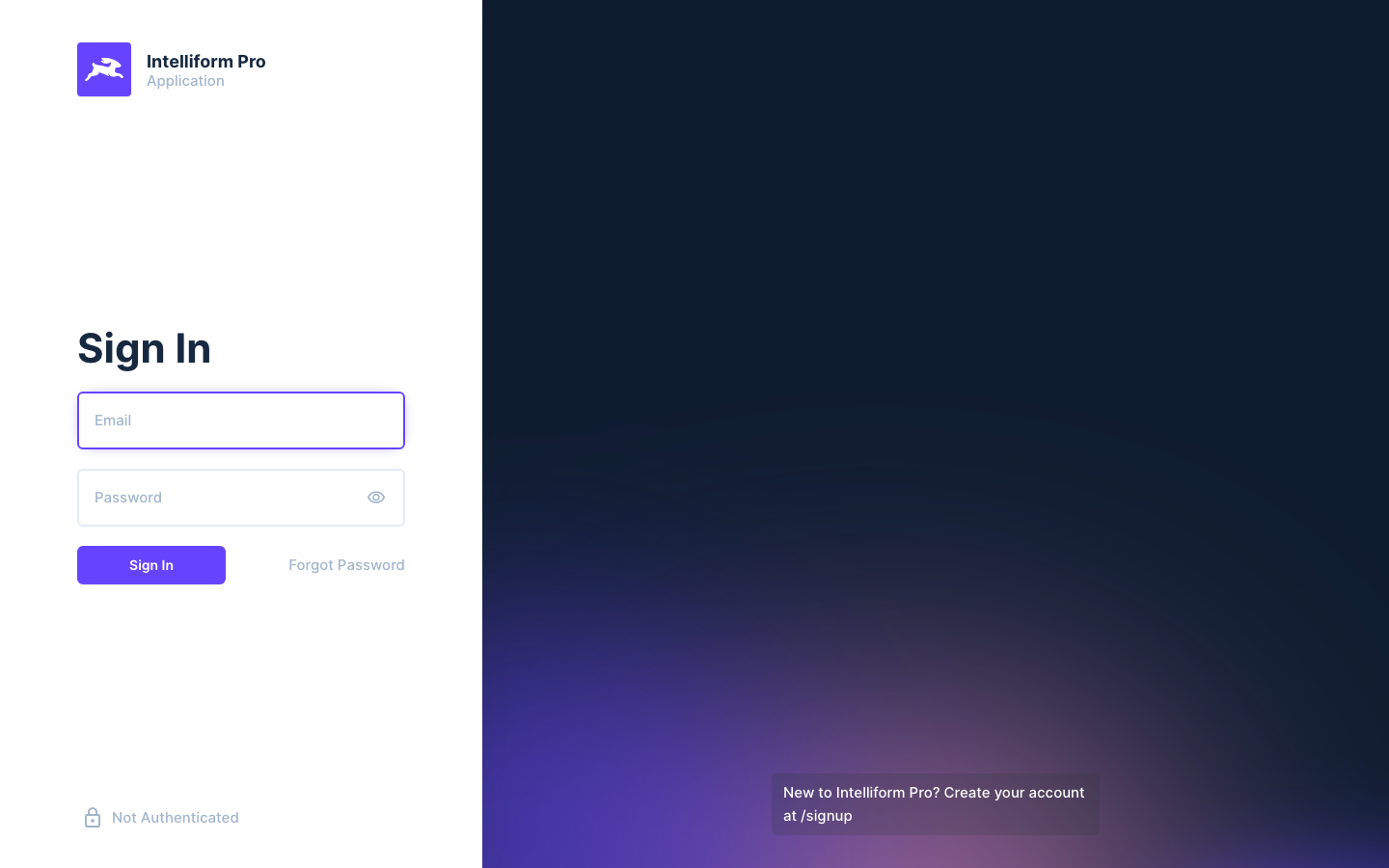 The Intelliform Pro sign-in page