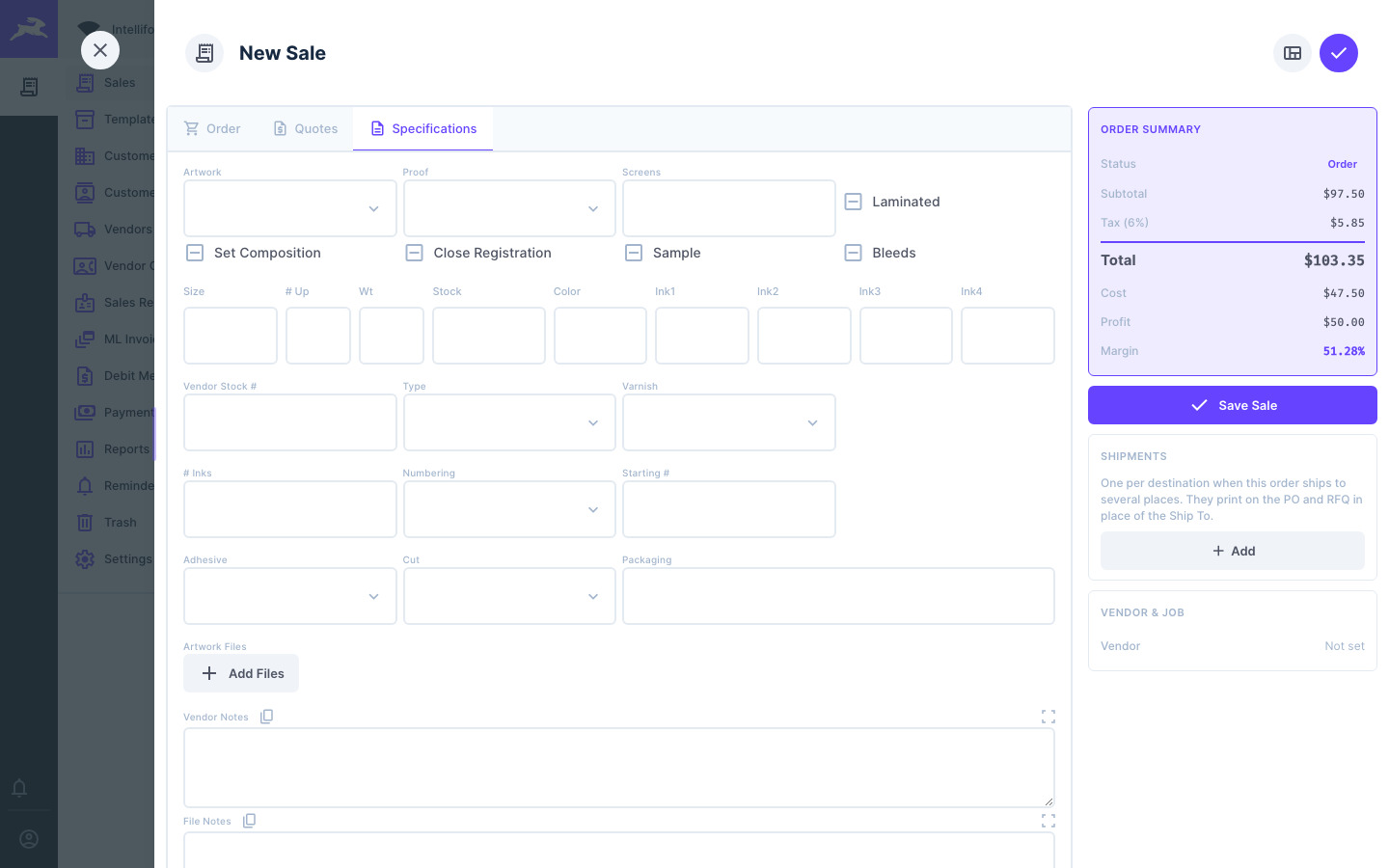 The Specifications tab for a Labels order