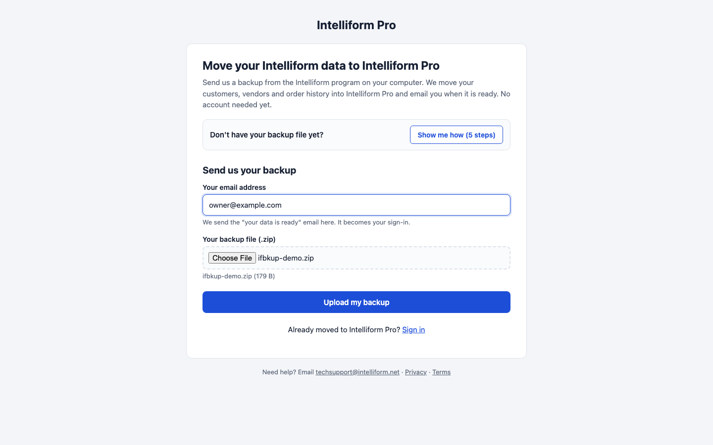 The upload page with the email and file filled in