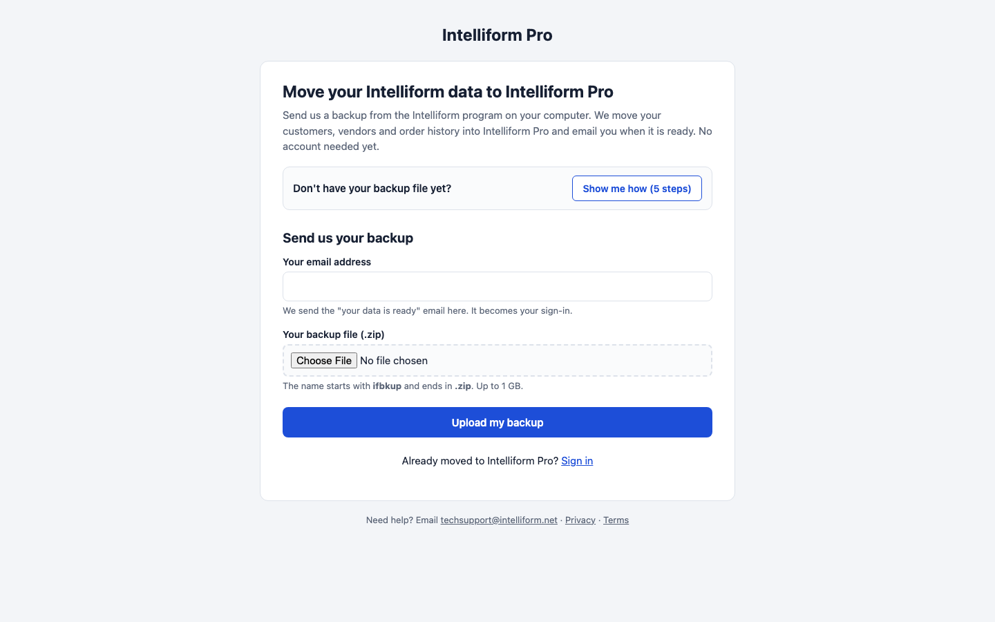 The upload page