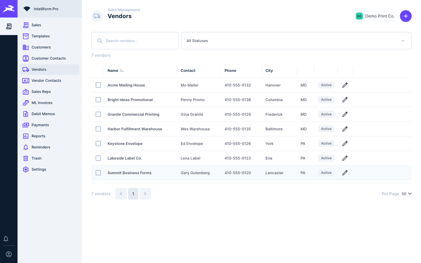 The Vendors list